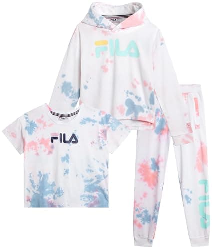 Fila Girls Sweat Suit Set - 3 Piece Tie-Dye Short Sleeve Crop Top, Pullover Hoodie and Jogger Sweatpants for Girls (7-16), Size 14, Tie Dye