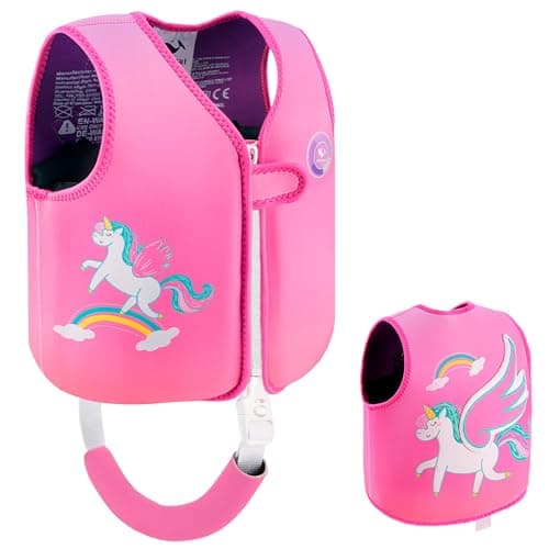 Pottwal Swim Vest for Kids - Swim Jacket for 1-2 Years (24-33LBS) - Made of Neoprene & EPE - with 8 Pockets for Detachable EPE - Red Unicorn