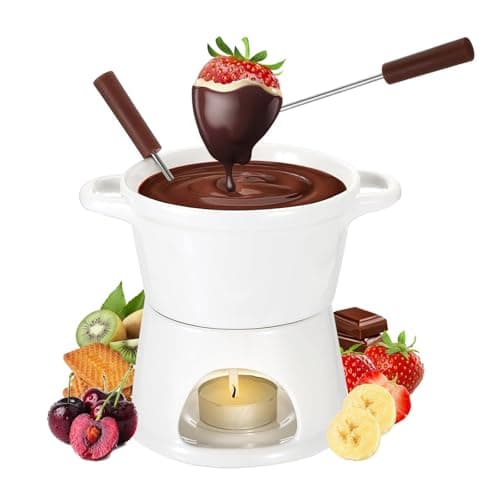 Ceramic Fondue Set with 2 Forks, Chocolate Fondue Pot Melt Hot Pot Bowl Set for Cheese, Chocolate and Caramel - White