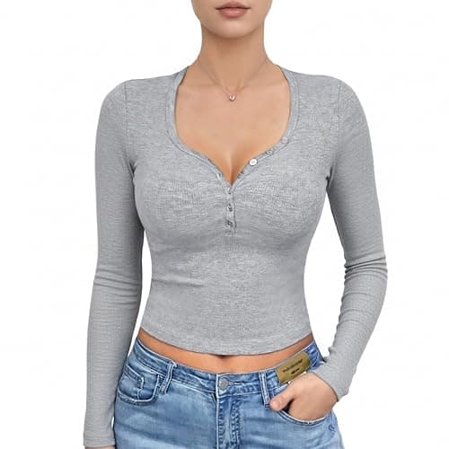 Curvphilo Womens V-Neck Tops Double Zipper Short Sleeve T Shirts Y2K Crop Tops Business Casual Going Out Tops (US, Alpha, Medium, Regular, Regular, Sweetheart Grey Long Sleeve)