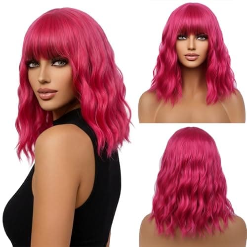 WTHCOS Hot Pink Wigs for Women Short Curly Wavy Pink Wig for Girls Short Bob Wig With Bangs Heat Resistant Synthetic Wigs for Cosplay Costume Party(Rose Red wig)