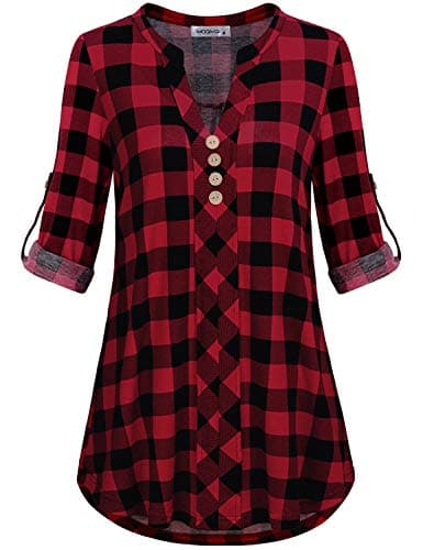 MOQIVGI Tunic Tops for Women 3/4 Sleeve Vneck Pleated A Line Comfy Classic Blouses Boutique Unique Pretty Slender Lattice Henley Shirts Casual Wear Weekday Clothing Black Red XX-Large