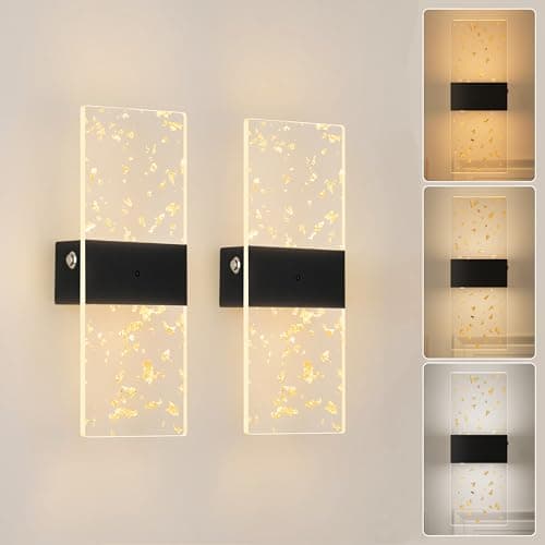 Lumiquesce Battery Operated Wall Sconce | Gold Leaf, Black Base - Wireless Rechargeable, 5000mAh, Remote Control, 3CCT Stepless Dimming, Timer, Modern Sconce for Living Room Stairway Bedroom 2 Pack
