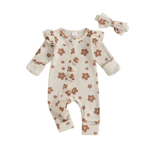 allshope Infant Baby Girl Fall Outfit Sweatshirt Romper Floral Print Long Sleeve Jumpsuit Newborn Waffle Clothes (Color Apricot, 6-12 Months)