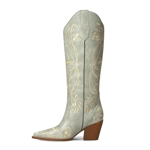 iiimmu Cowgirl Boots Women Knee High Vintage Cowboy Boots with Floral Embroidered Classic Pull On Design Western Footwear (6.5, Light Gray)