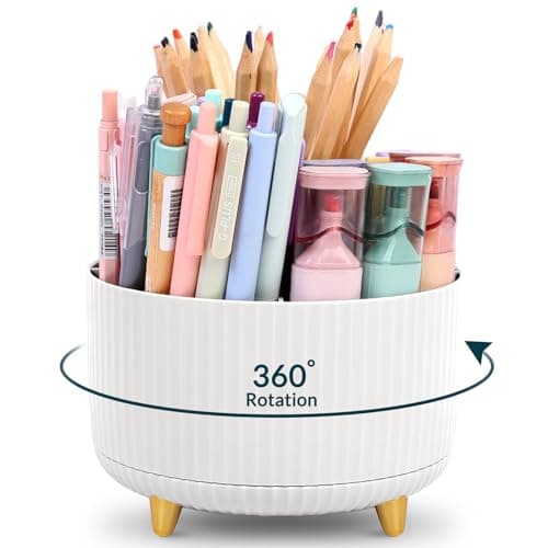 KONVINIT Pencil Pen Holder for Desk, 5 Slots 360-Degree Rotating Desktop Organizer, Cute Desk Organizers and Accessories for School, Home, Office and Art Supply, White