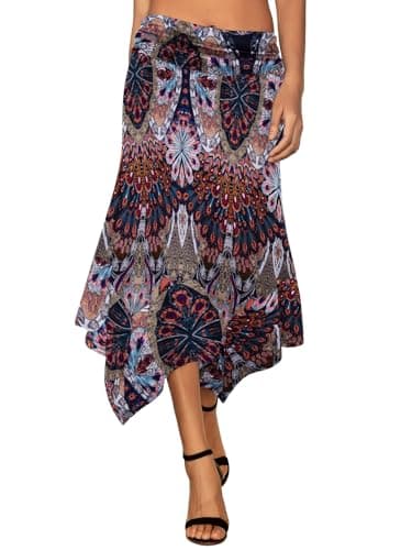 DJT Women's Casual Ruched Waist Handkerchief Hem Flowy Midi Skirt XX-Large Blue Feather Print