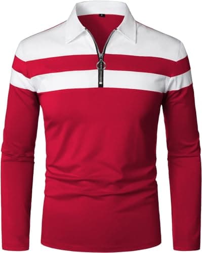 YTD Men's Long Sleeve Polo Shirts Quarter-Zip Casual Slim Fit Lapel Neck Basic Designed Cotton Shirts S Red