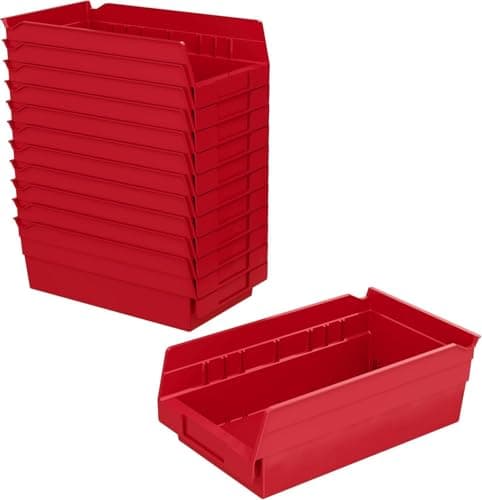 Akro-Mils 30130 Plastic Shelf Bins, Heavy Duty Storage Bins for Garage, Closet, and Drawer Organization, 12" x 6-1/2" x 4", Red, 12-Pack