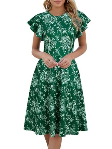 MSLG Summer Dresses for Women 2026 Fit and Flare Ruffle Short Sleeves Dresses Work V-Back Cocktail Semi Formal A Line Dress with Pockets 842 Green Floral L