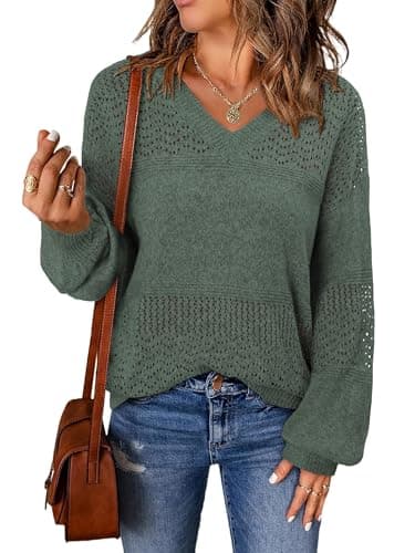 onlypuff Pullover Sweaters for Women Lightweight Fall Tunic Tops V Neck Trendy Crochet Pointelle Sweater Ladies European Outfit Clothes GreyGreen XXL