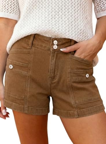 Astylish Womens Fashion High Waisted Denim Shorts Double Button Short for Women Summer 2026 Stretch Jean Pants Patch Big Pocket Brown Size 10