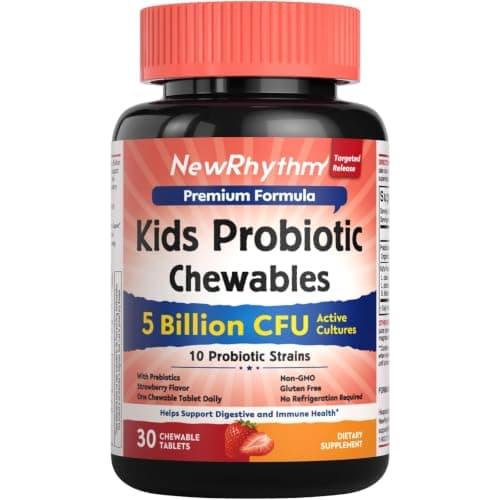 NewRhythm Kids Probiotic Chewables, 5 Billion CFU 10 Strains, with Prebiotic Fiber Inulin & Organic Acacia, Natural Strawberry Flavored, for Digestive & Immune Support, 30 Chewable Tablets