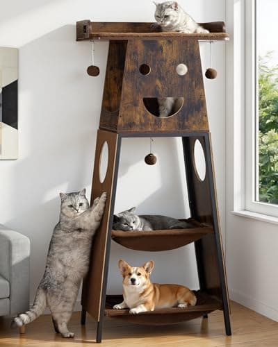 Feliskyn 56in Modern Wood Cat Tree Tower for Indoor Cats with Hammock