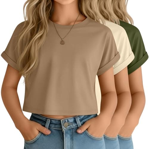 YooAurvox 3 Pack Girls Crop Tops 5-14 Years Short Sleeve Rolled Cuff Crewneck Tween Shirts Athletic Summer Teen Tees(Army Green, Light Apricot, Khaki,9-10 Years)