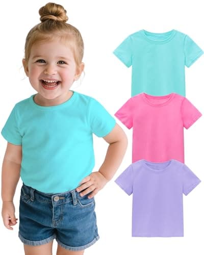 ZUEMET 3 Pack Toddler Girls Short Sleeve Shirts Soft Cotton Basic Tee Shirt Size 18-24M Green+Light Purple+Peach Pink