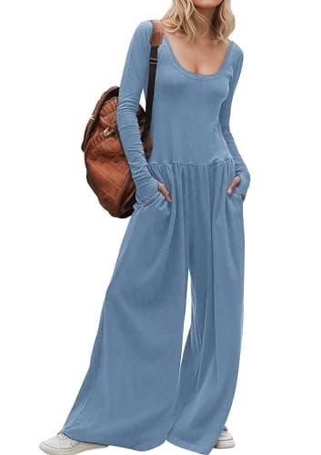 YUENIU Women's Wide Leg Jumpsuit One Piece Romper Long Sleeve Dressy Casual Effortless Pockets Chic Fall Spring Outfits 2025 Blue Grey XL