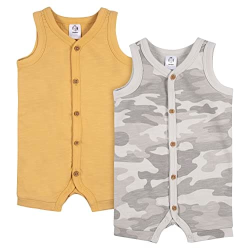 Gerber Baby Boys 2-Pack Short Leg Romper, Grey and Yellow, 0-3 Months