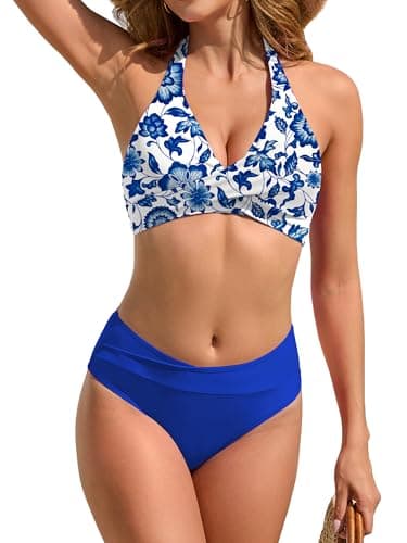 TASHEHE Women's Bikini Set High Waisted Twist Swimsuit Colorblock Halter Two Piece Bathing Suit - 432 / Blue Floral - Large