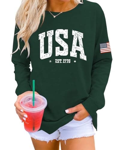Dressmine Womens Usa Tops Graphic Crewneck Sweatshirt Fall Shirts Long Sleeve Fleece Sweatshirts Pullover Blackish Green Small