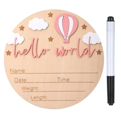 Hello World Baby Announcement Sign - 6 Inch Wooden Newborn Photo Prop with Pen, Hot Air Balloon & Cloud Decor - Perfect for Birth Announcement, Hospital Photos (Pink)