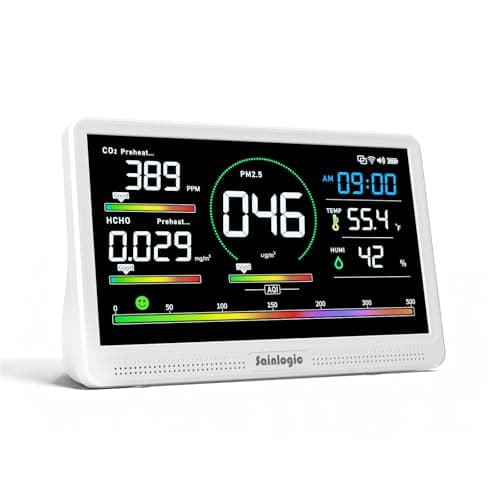 Sainlogic Air Quality Monitor Indoor, 16 in 1 VOC Meter, CO2, HCHO, TVOC, PM2.5, PM1.0, PM10, Humidity, Temperature, 7.2" Large Display 3-Color AQI Alerts Air Quality Tester for Home Air Monitor