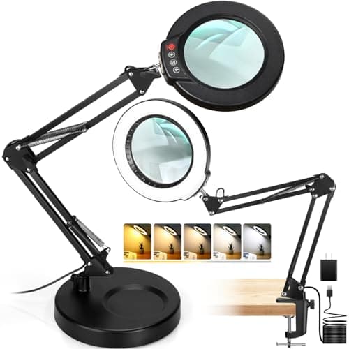 Seylae 12X Magnifying Glass with Light and Stand, 2-in-1 Desk Lamp & Clamp Light, 5 Color Modes, Brightness Stepless Dimmable LED Lighted Magnifier Hands Free, Magnifier Lamp for Close Work, Reading