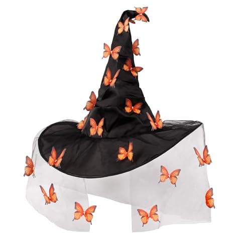 MGupzao Halloween Witch Hat - Halloween Costumes Outfit for Women, Witches hats for Women Adult Attached Butterfly and Veils, Cosplay Costume Halloween Party Favors