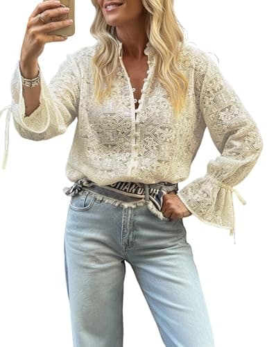 Lingswallow Lace Blouses for Women Dressy Casual V Neck Long Sleeve Tops Fashion Boho Loose Fit Button Down Shirts Spring Fall Clothes Apricot S