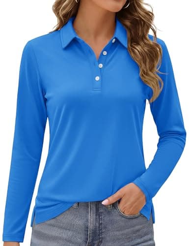 MAGCOMSEN Long Sleeve Shirts for Women Collared Golf Shirt Long Sleeve Polo Shirts for Casual with 4-Button Azure,M