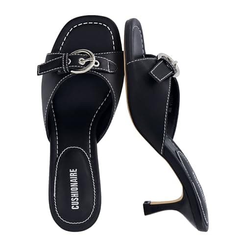CUSHIONAIRE Belle Kitten Heels for Women with Buckle Accent, Comfortable Mule Dressy Womens Sandals, BLACK 6