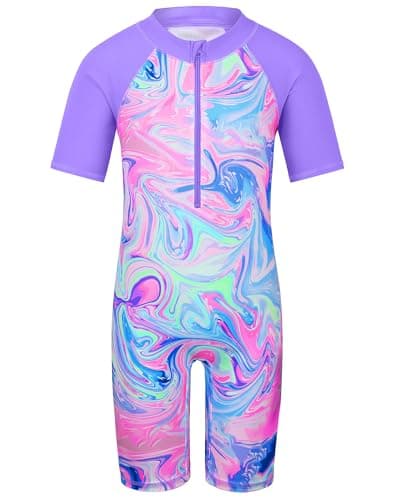 TFJH E Short Sleeve Girls Swimwear One Piece Bathing Suits UPF 50+ Swimsuits Rash Guard Suits Purple Agate Short 2A