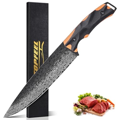 Topfeel 8 Inch Damascus Chef Knife, G10 Handle, Black Forged Kitchen Knives