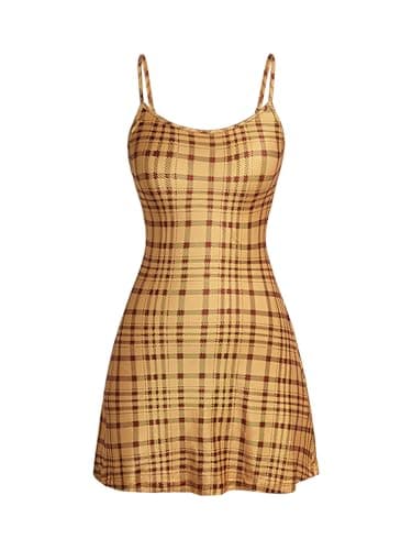 WDIRARA Women's Plaid Spaghetti Strap Cami Dress Sleeveless Flared Hem Mini Dress Ginger Yellow Large