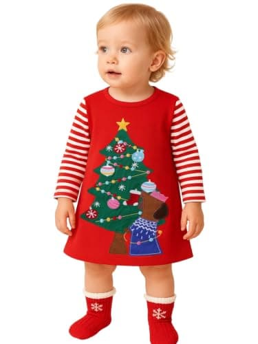 HILEELANG Toddler Girl Christmas Dress Red Dog Applique Long Sleeve Cotton Casaul Playwear Tunic Shirt Jersey Dresses 2T