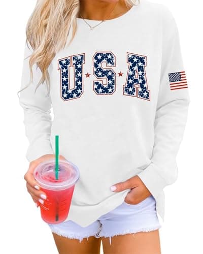 Dressmine 4Th Of July Shirts Women USA America Sweatshirt Casual Knit Loose Fit Crew Neck Pullover White X-Large