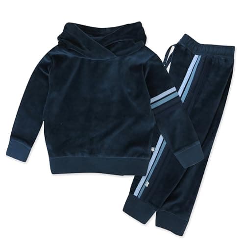 HonestBaby Velour Pullover Hoodie and Zip Front Sweatshirt and Jogger Sweatpants Set Baby, Toddler, Blue with Stripe, 3T
