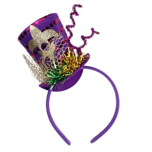 Needzo Purple Mardi Gras Top Hat Headband, Green and Yellow Glitter and Tinsel Details, Parade Hair Accessory, One Size Fits Most(Top Hat)