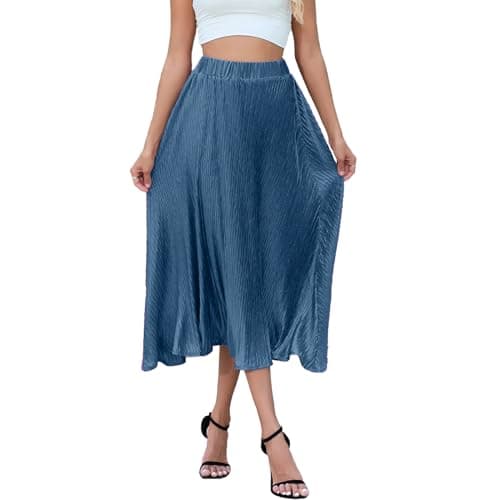 F·Y·YIYI Pleated Skirt for Women Midi High Elastic Waisted A-Line Swing Skirt Wrinkle-Resistant & Lightweight for Casual Elegant Wear (US, Alpha, Small, Regular, Long, Peacock Blue)