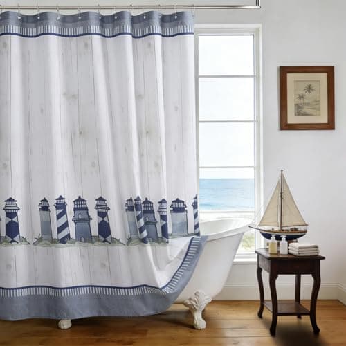 SD SDLIVING Coastal Lighthouse Shower Curtain, Nautical Bule and White Fabric Ocean Themed Bath Curtains for Bathroom,72" W x 72" H