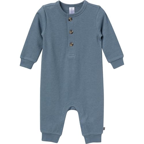 MODERNMOMENTS by Gerber Long Sleeve Henley Waffle-Knit Romper with Leg Slouch, Medium Blue, 3-6 Months