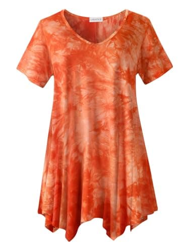 LARACE Tie Dye Shirt Women Casual Tops Plus Size V Neck Blouses Short Sleeve Summer Clothes Flowy Asymmetrical Tee(B-Orange L)