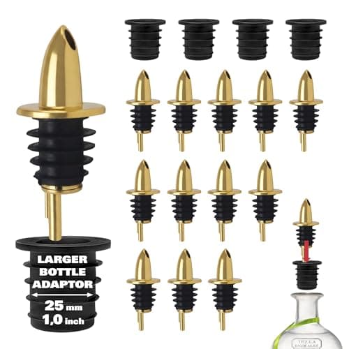 ESATTO 12 Pack Classic Bottle Pourers, Liquor Pourers for Alcohol, Olive Oil, Bartender Accessories Includes 4 Liquor Pourer Adapters for Large Neck Bottles such as Patron Don Julio Tequila (Gold)