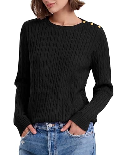 PrettyGuide Women's Fall Cable Knit Pullover Sweater Long Sleeve Crewneck Vintage Fall Sweater Tops Black L