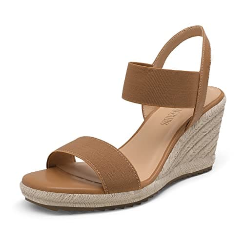DREAM PAIRS Womens Open Toe Espadrilles Dressy Platform Sandals Slip on Elastic Ankle Strap Wedges Sandals SDPW222W Camel Size 5