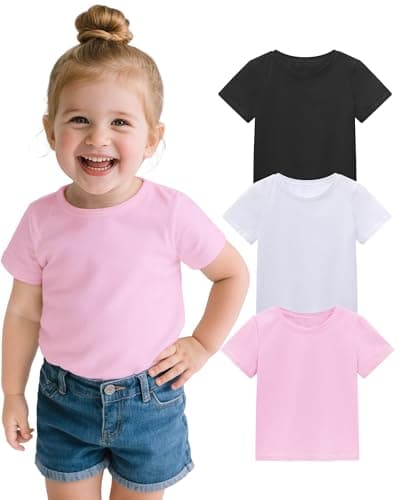ZUEMET 3 Pack Toddler Girls Short Sleeve Shirts Soft Cotton Basic Tee Shirt Size 2T Black+White+Pink