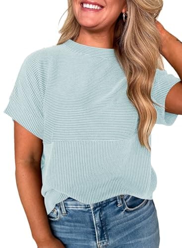 EVALESS Short Sleeve Shirts for Women Trendy Teacher Outfits Ribbed Knit Striped Womens Tops Casual Spring Summer Tops Cute Crewneck Loose Fit Patchwork T Shirts Beau Blue XX-Large