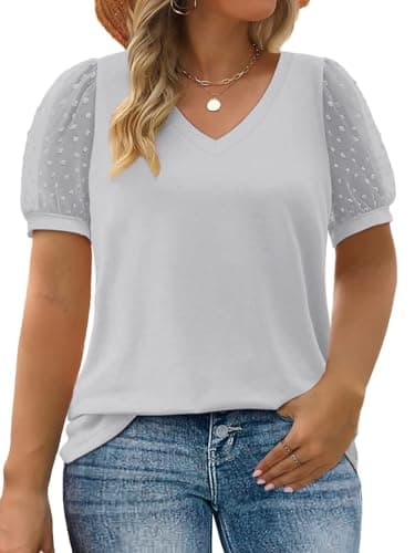 Plus Size Sexy Tops for Women Summer Casual Puffy Short Sleeve Cute Swiss Dotted Shirts Light Grey 5XL