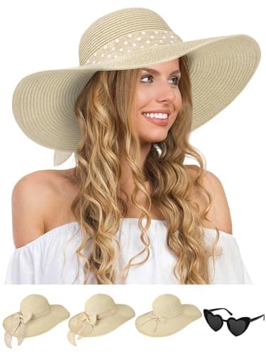 Sun Hats for Women, Wide Brim Summer Floppy Beach Straw Hat Beige