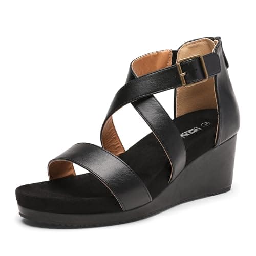 DREAM PAIRS Women's Open Toe Buckle Ankle Strap Summer Platform Wedge Sandals,Size 6.5,Black/Pu,NINI-2